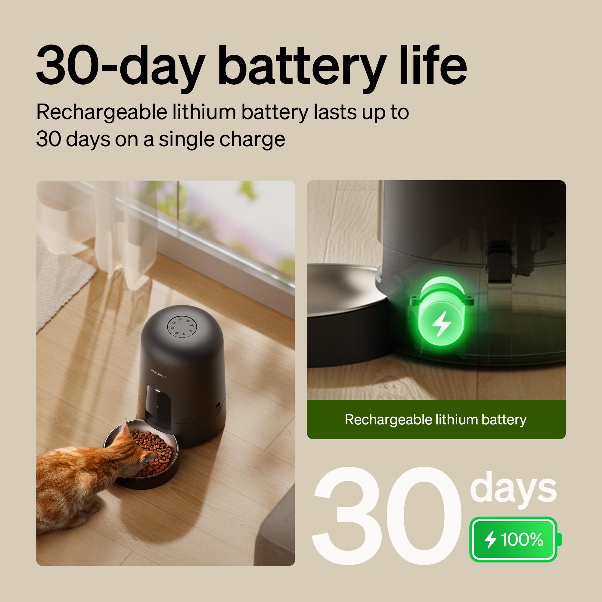 PETLIBRO Air Feeder battery-inside illustration of long-life rechargeable power.