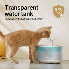 PETLIBRO fountain shows 2.1L capacity with visible water level.