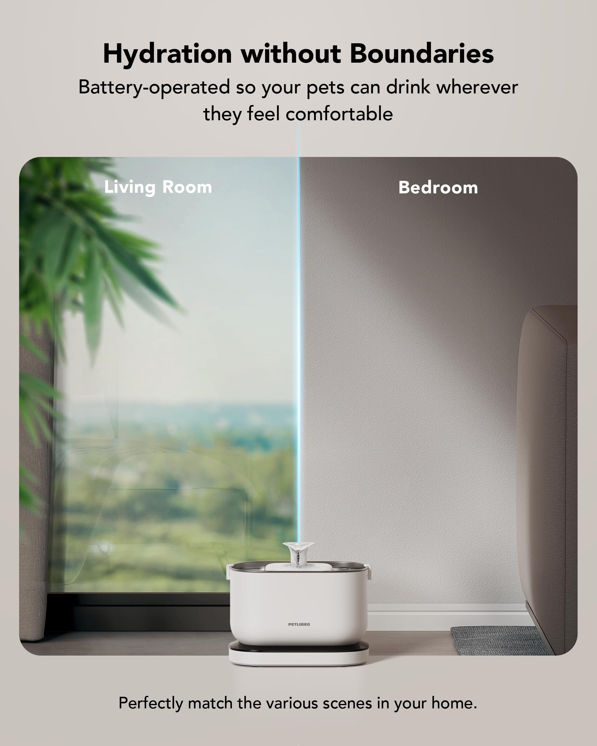 PETLIBRO water fountain battery charging base showing rechargeable power for cordless use