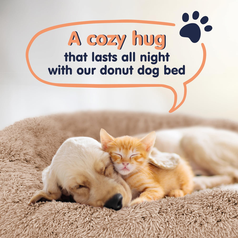 Petloox Donut Dog Bed camel plush close-up demonstrates calming, nest-like structure.