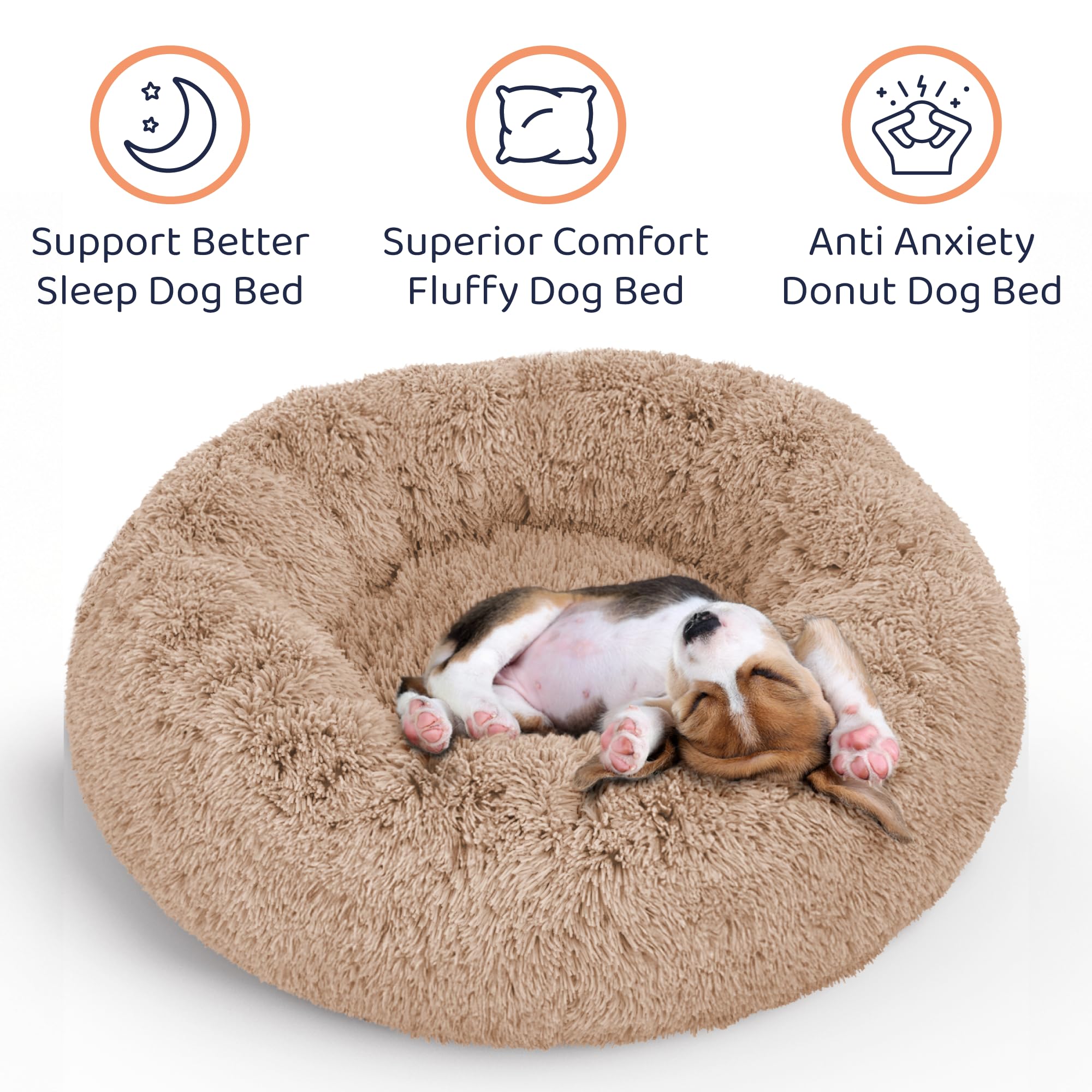 Petloox Donut Dog Bed camel closeup plush emphasizes ultra-soft fabric pets love.