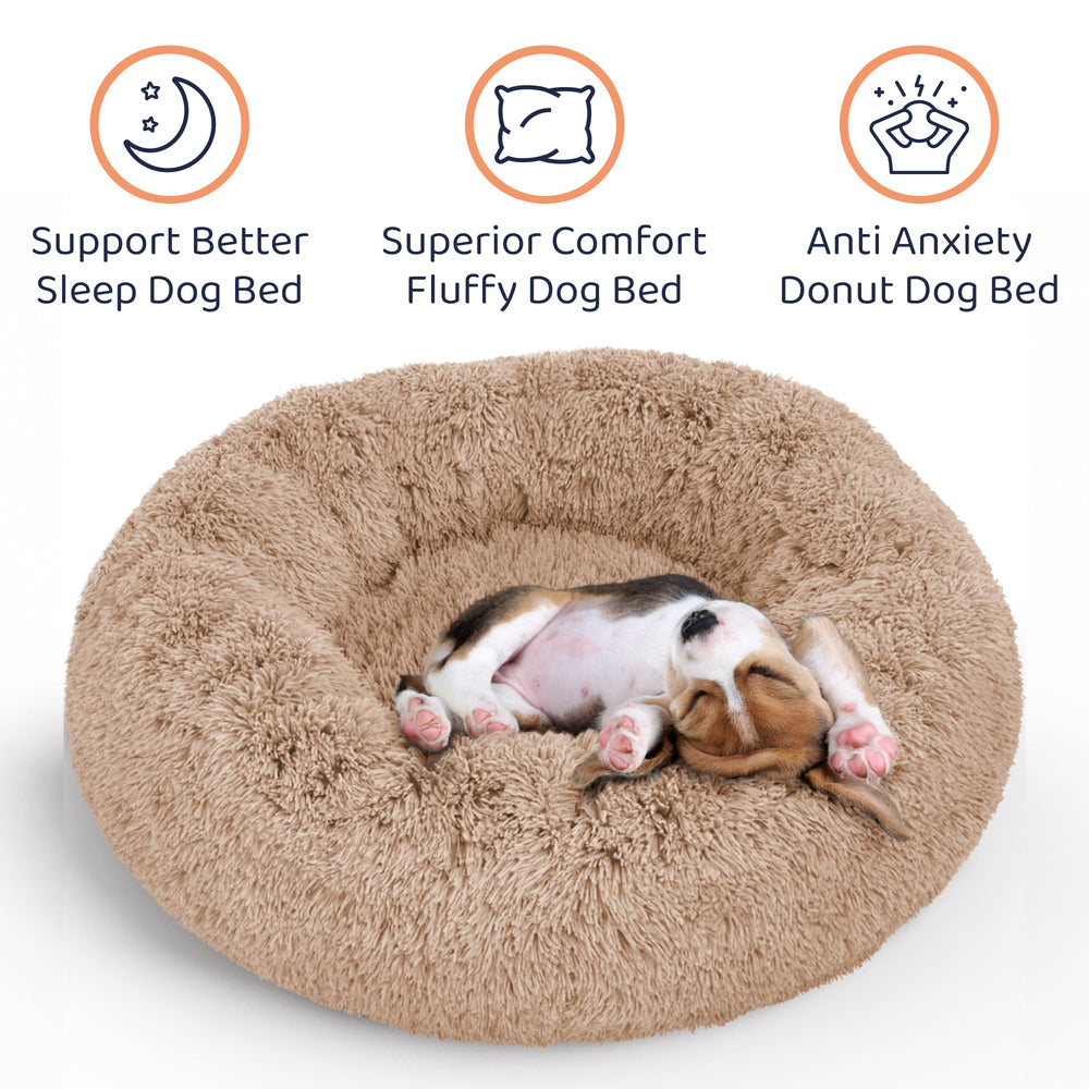 Petloox Donut Dog Bed camel closeup plush emphasizes ultra-soft fabric pets love.