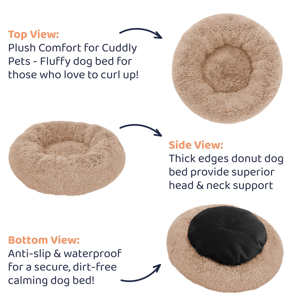 Petloox Donut Dog Bed camel in cozy living room complements home decor.