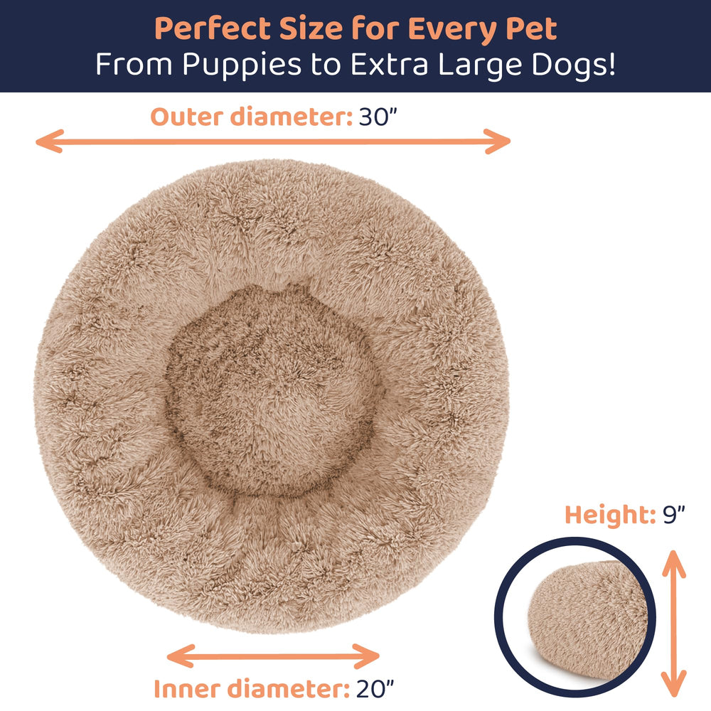 Petloox Donut Dog Bed camel medium size with dog snuggling for calm afternoons.