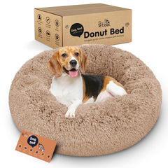 Petloox Donut Dog Bed camel round outer view highlights plush comfort for cozy naps.