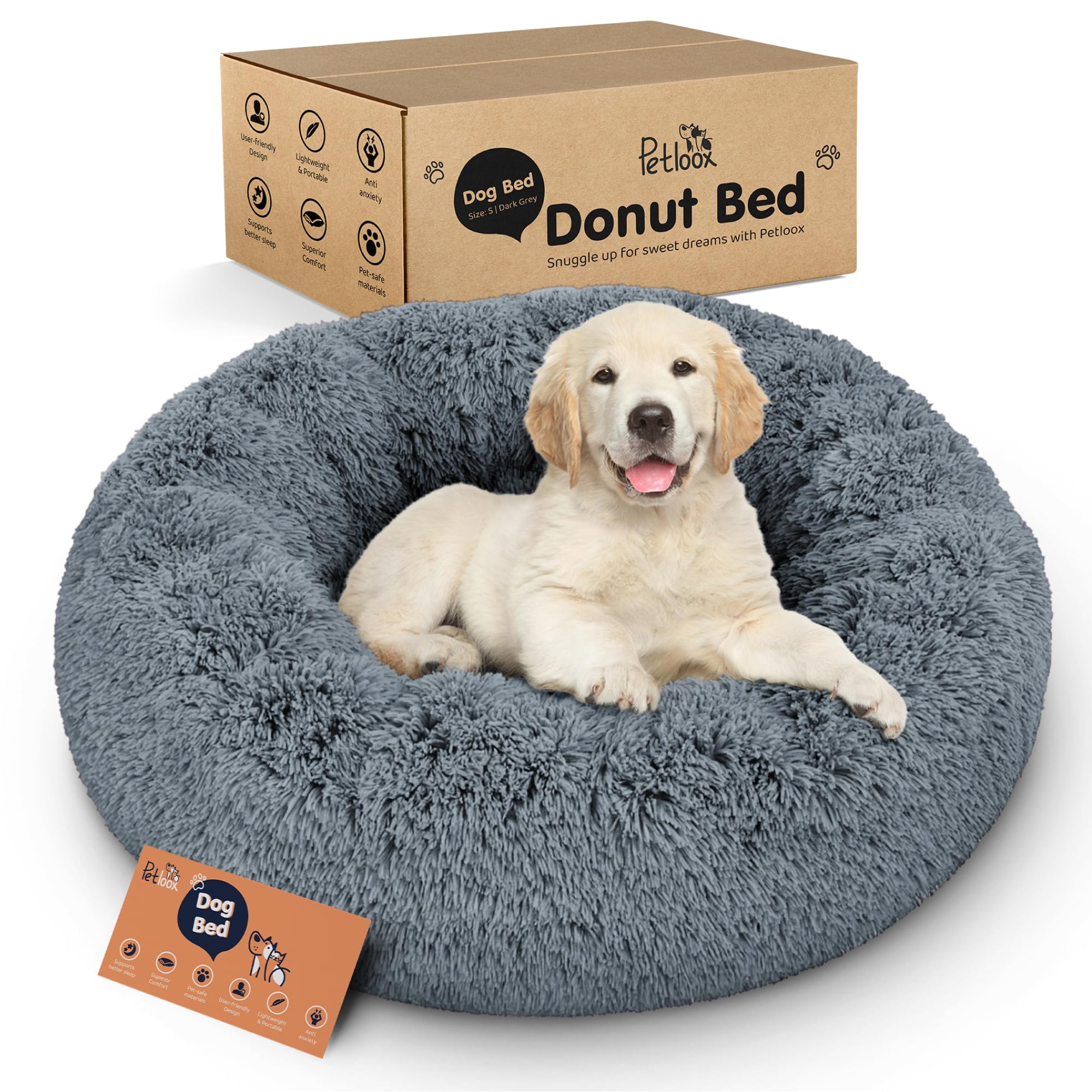Petloox Donut Dog Bed in dark grey, ultra-plush close-up for cozy comfort