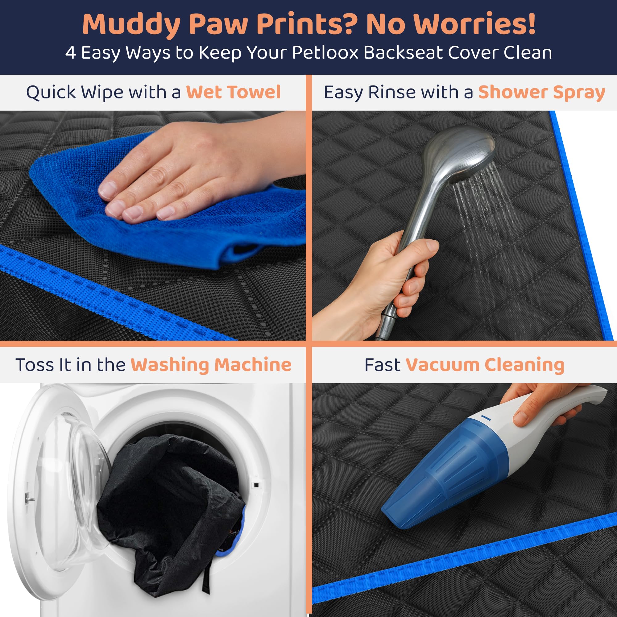 Petloox front seat dog cover close-up durable fabric resisting wear and tear.