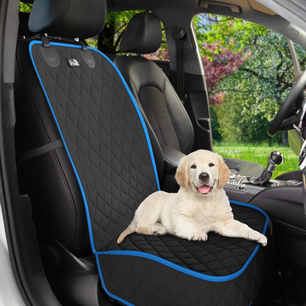 Petloox front seat dog cover installed on a car seat showing full protection and clean upholstery.