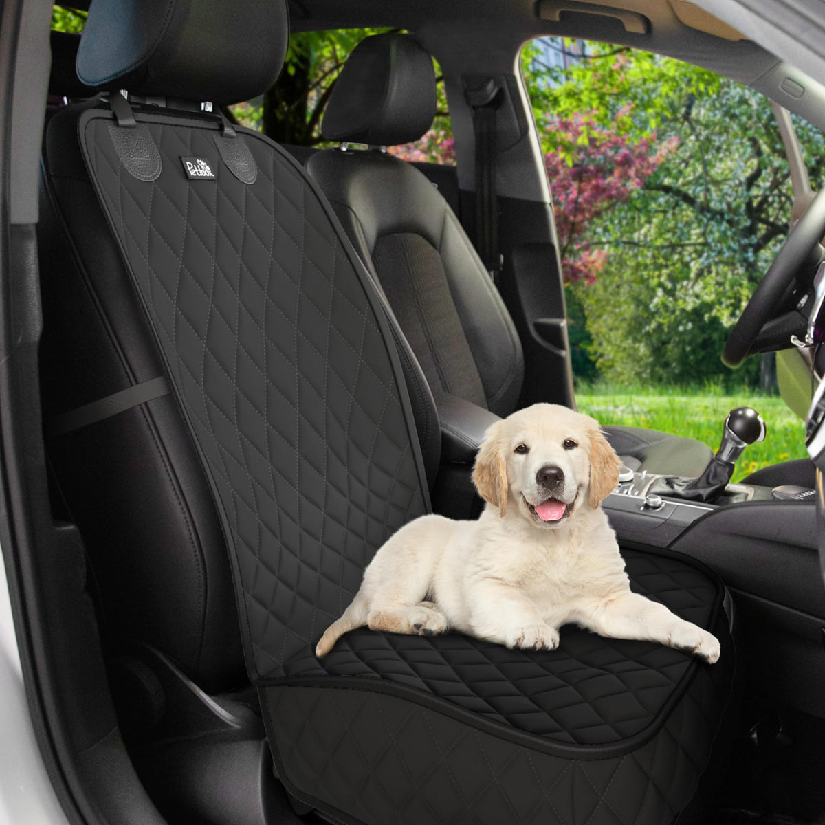 Petloox front seat dog cover waterproof protects bucket seats from muddy paws during rides.
