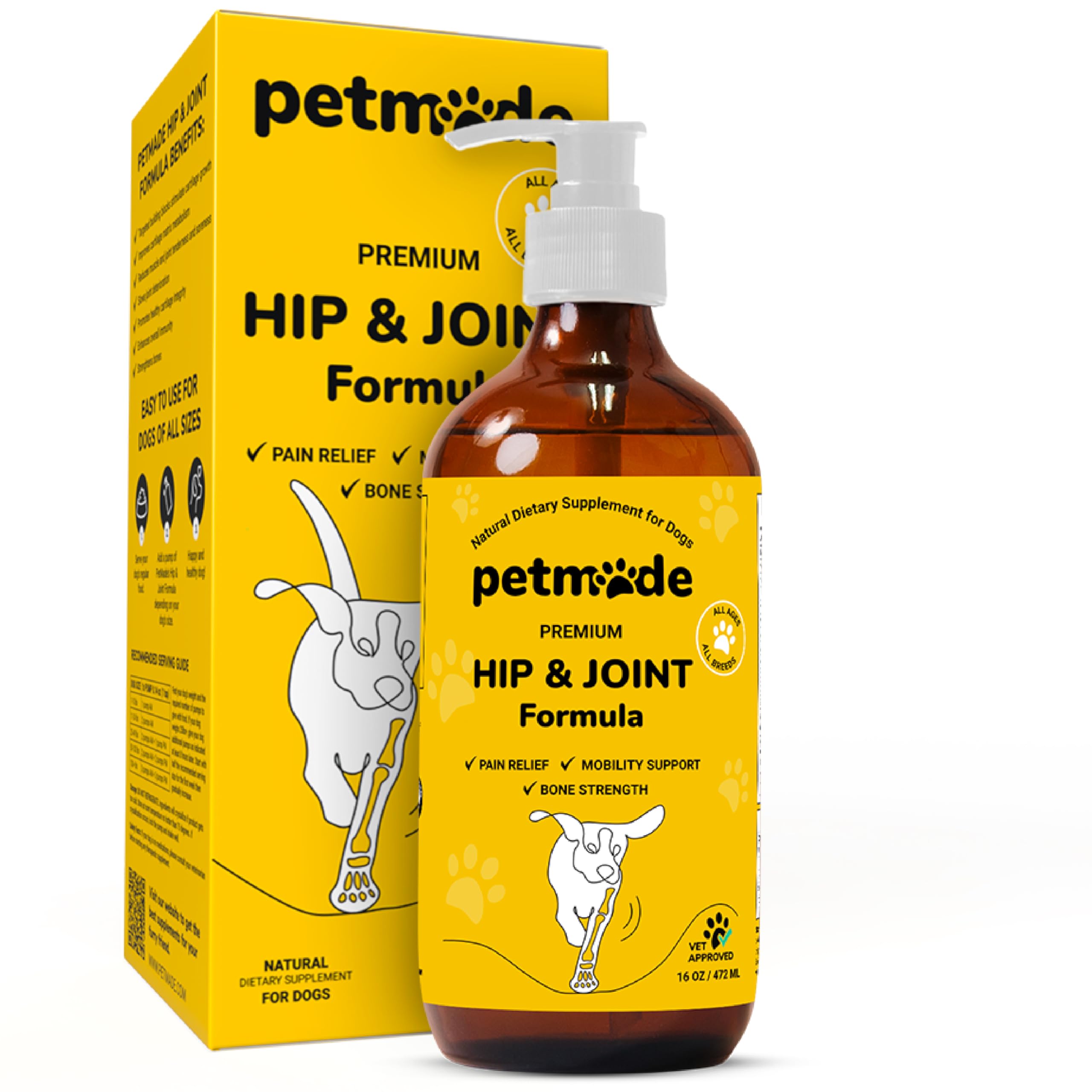 PETMADE dog joint supplement bottle — convenient liquid formula for daily mobility support.
