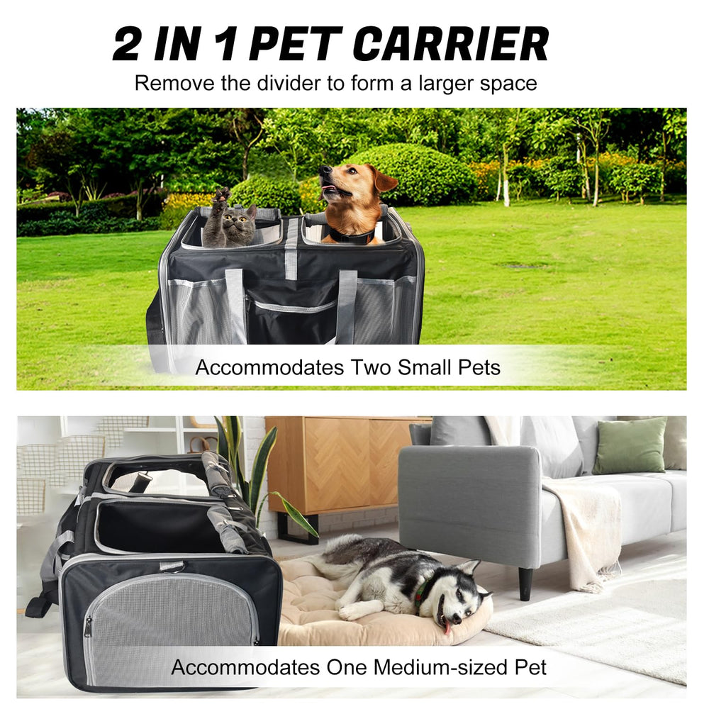 PetMarket rolling carrier with suitcase-style platform and 360° wheels.