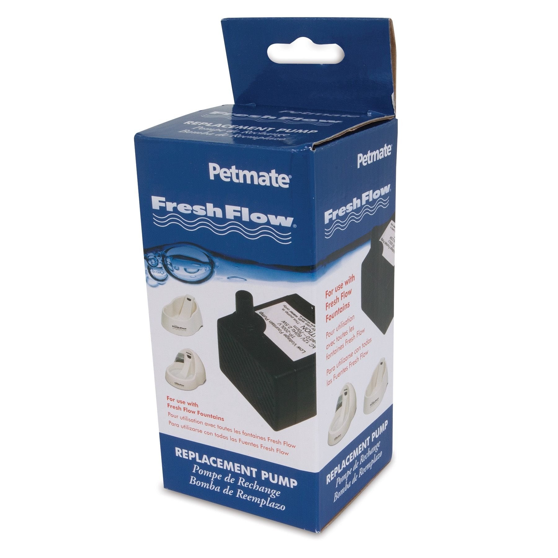 Petmate Fresh Flow Deluxe pump front view showing replacement option for fresh water flow.