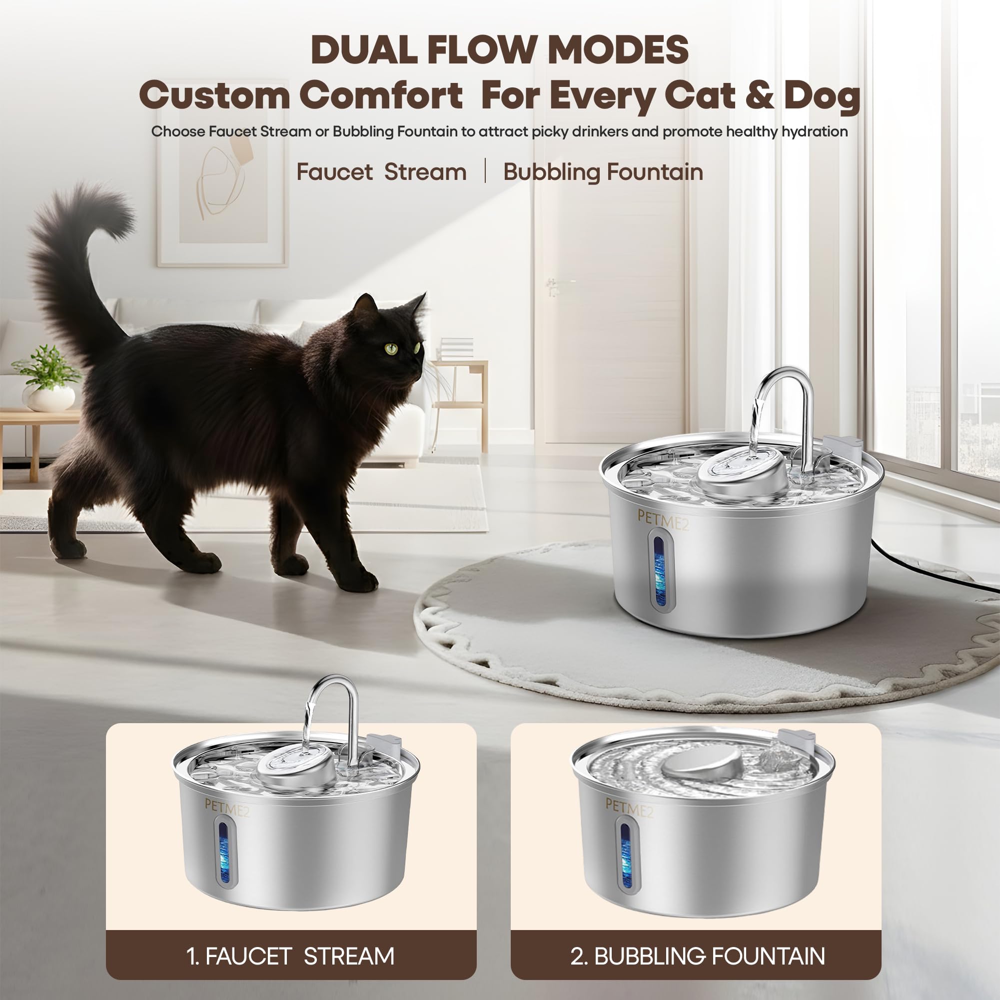 PETME2 Luxury Fountain dual-flow design supports different drinking styles.