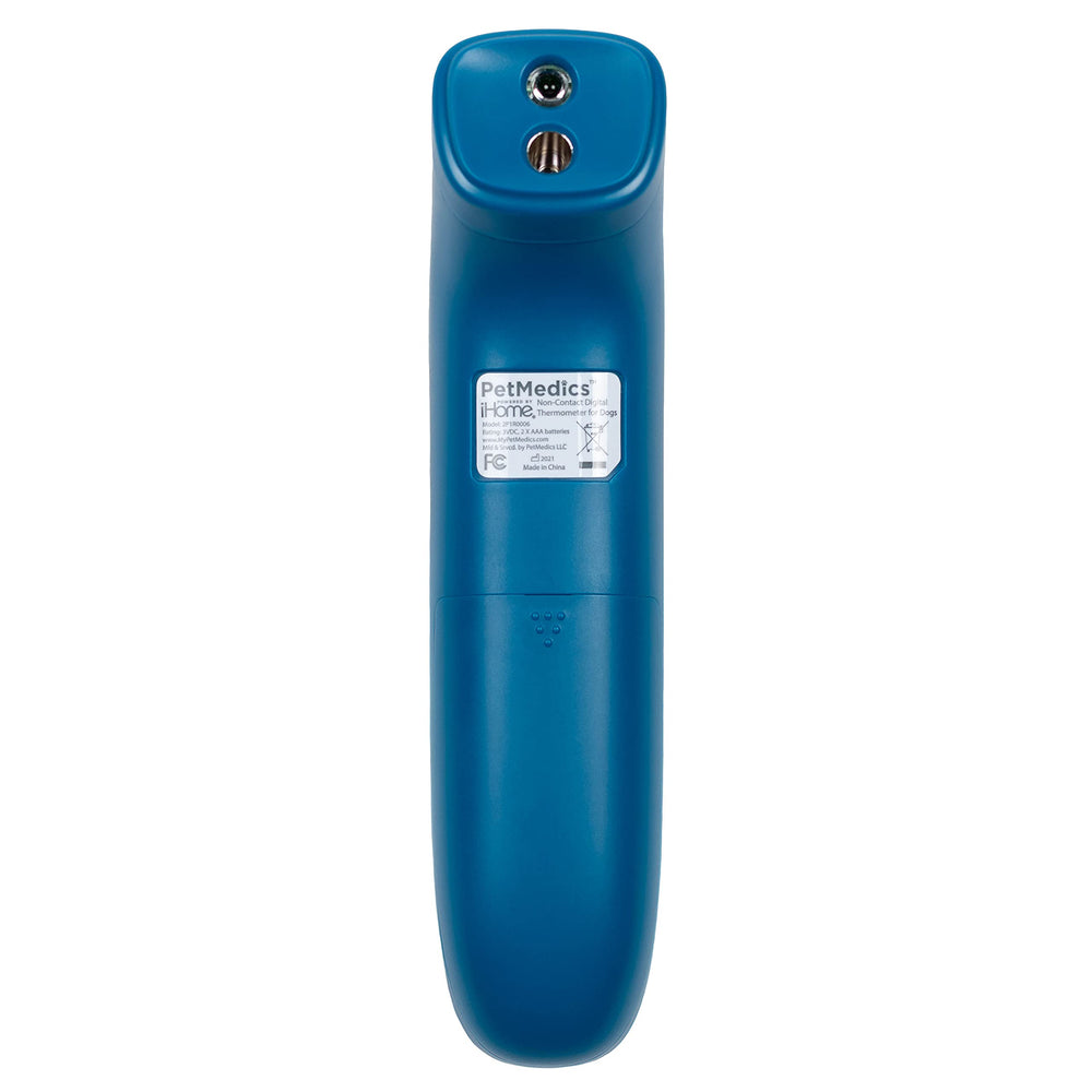 PetMedics non-contact thermometer-battery-pack shows ready-to-use with included batteries.