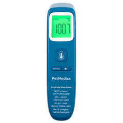 PetMedics non-contact thermometer lcd-display highlights color-coded readings for easy interpretation.