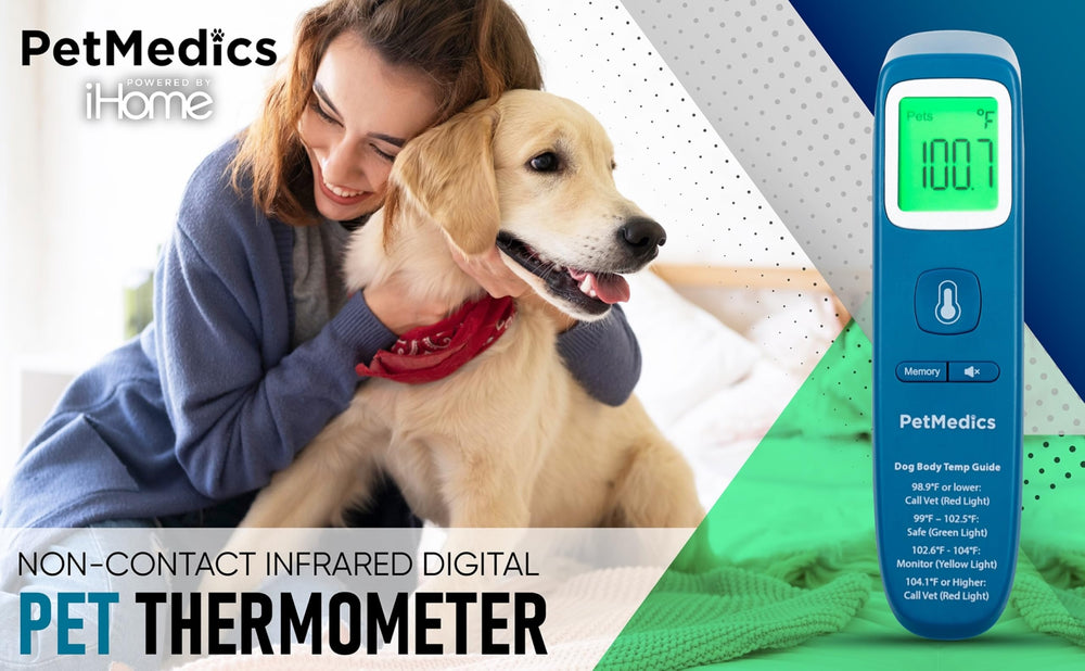 PetMedics non-contact thermometer-memory-log stores past readings for trend tracking.