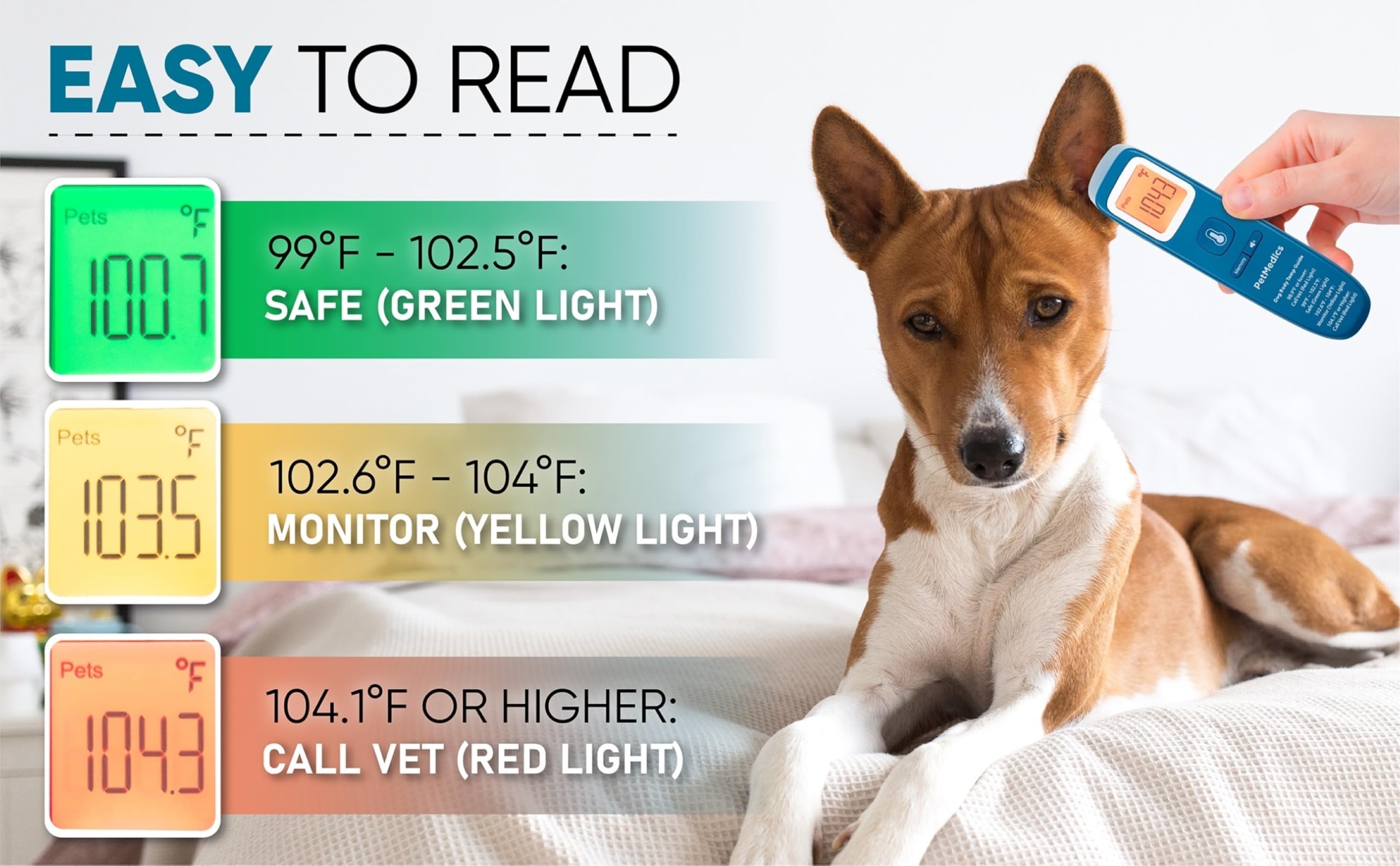 PetMedics non-contact thermometer-silent-mode keeps dogs calm during readings.