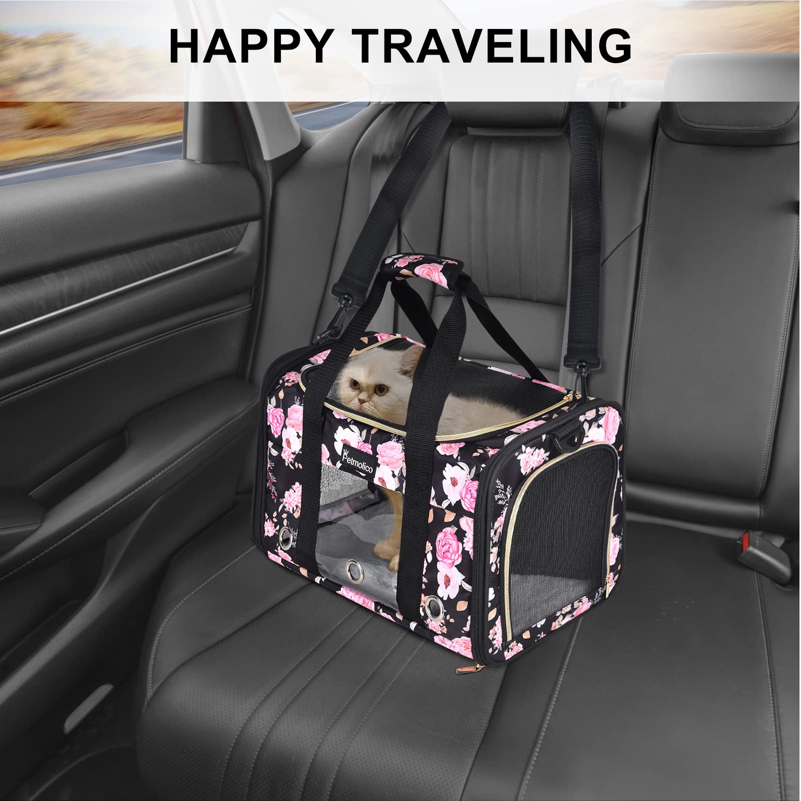 Petmolico Cat Carrier floral nylon material blends durability with style.