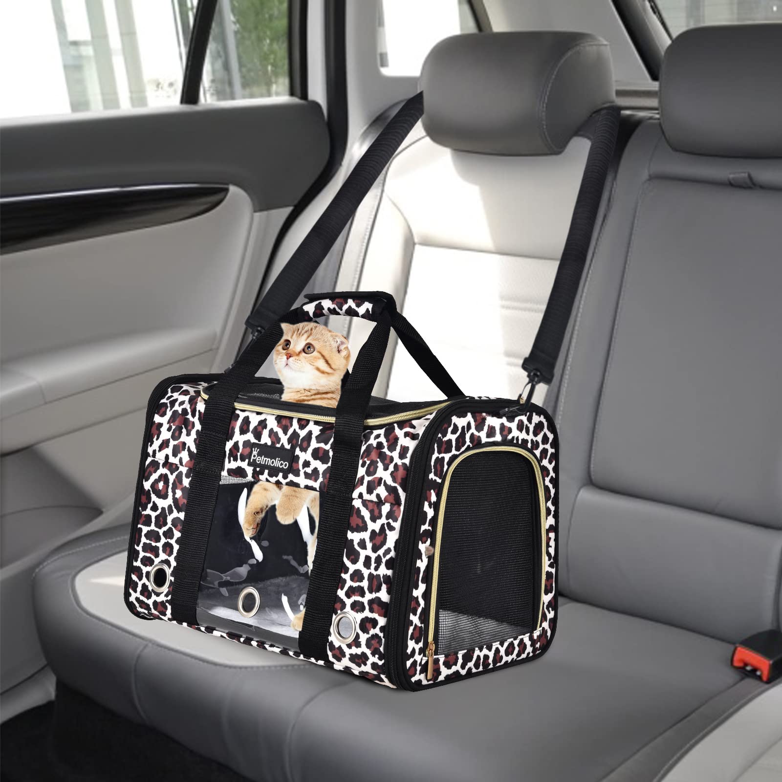Petmolico cat carrier Leopard travel setup offers versatile carrying options.