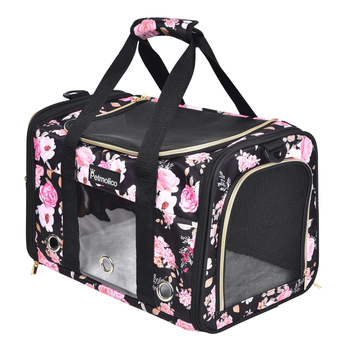 Petmolico Cat Carrier three mesh openings provide easy access and improved airflow for travel.