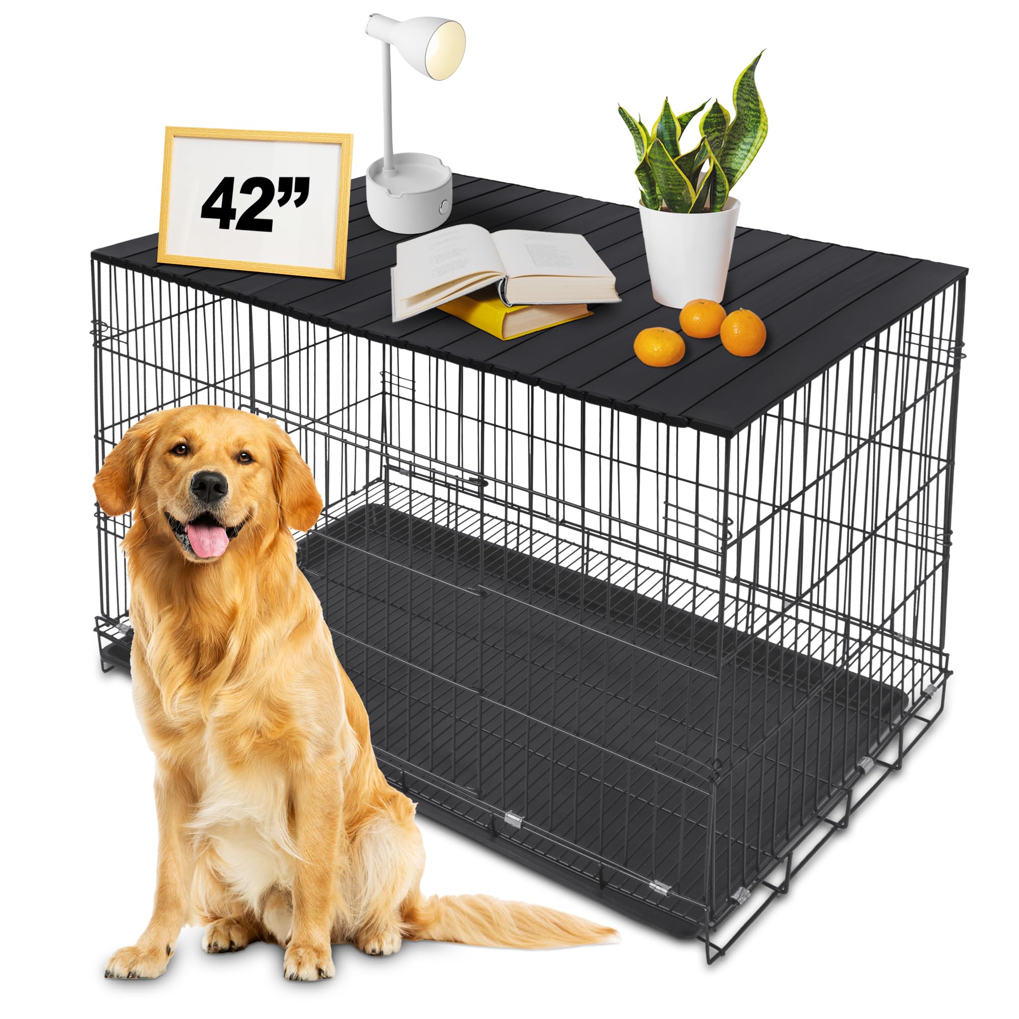 Petmystify dog crate topper on crate with magnets providing stable surface.