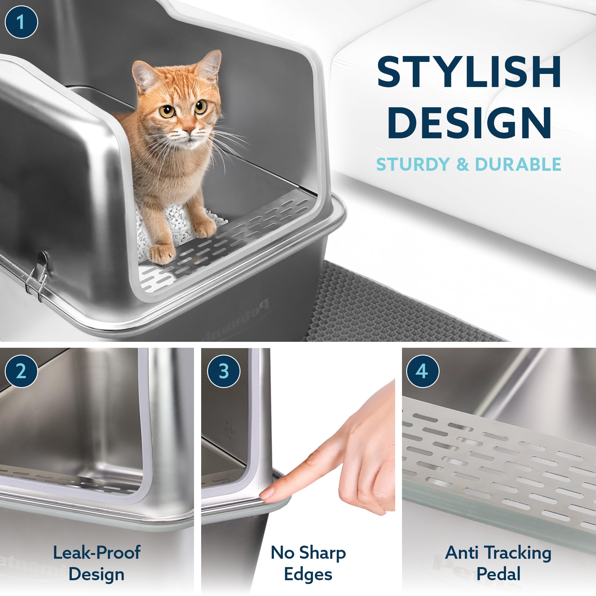 PetNamix stainless steel interior shown for easy cleaning and odor control.
