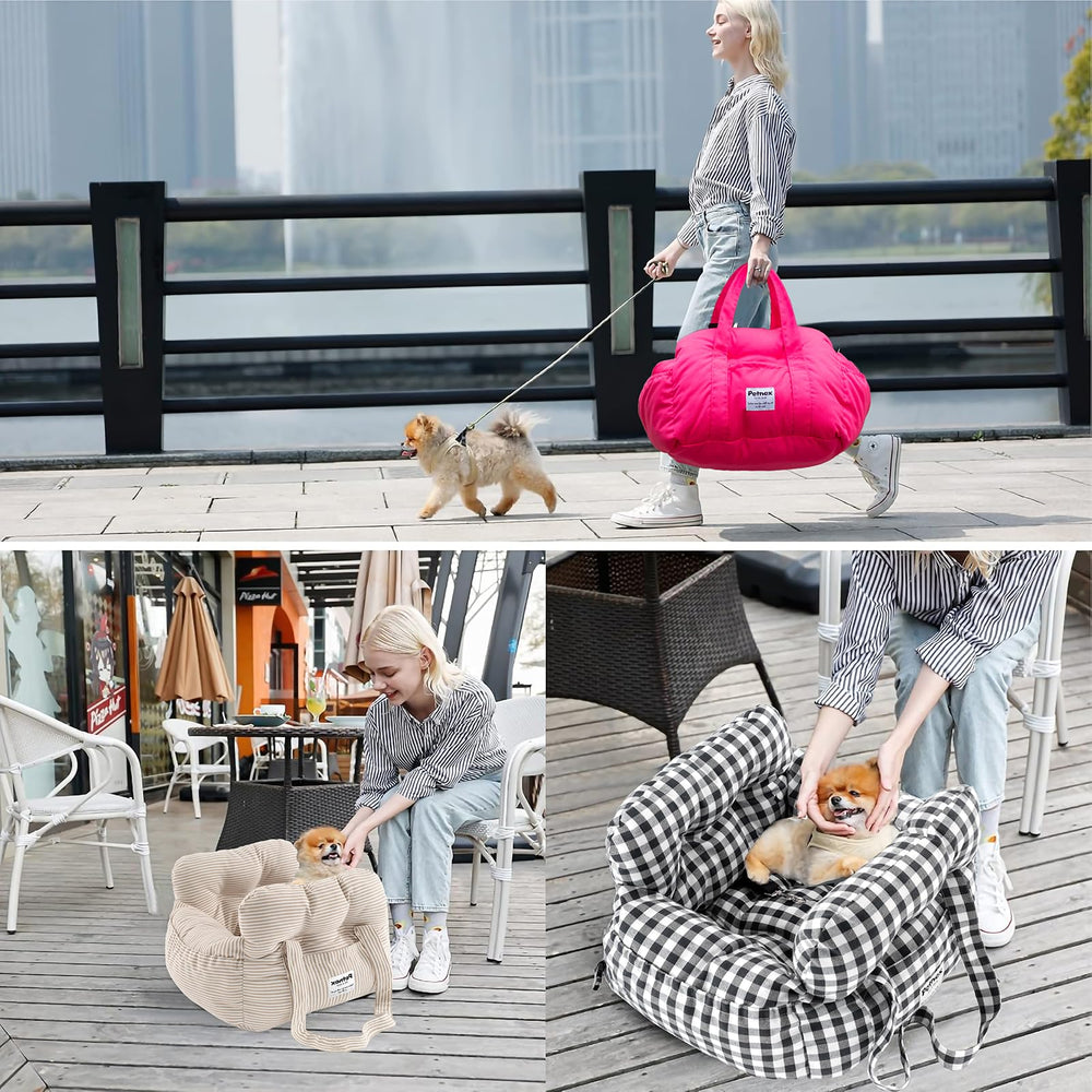 Petnex dog car seat fabric close-up highlights machine-washable material.