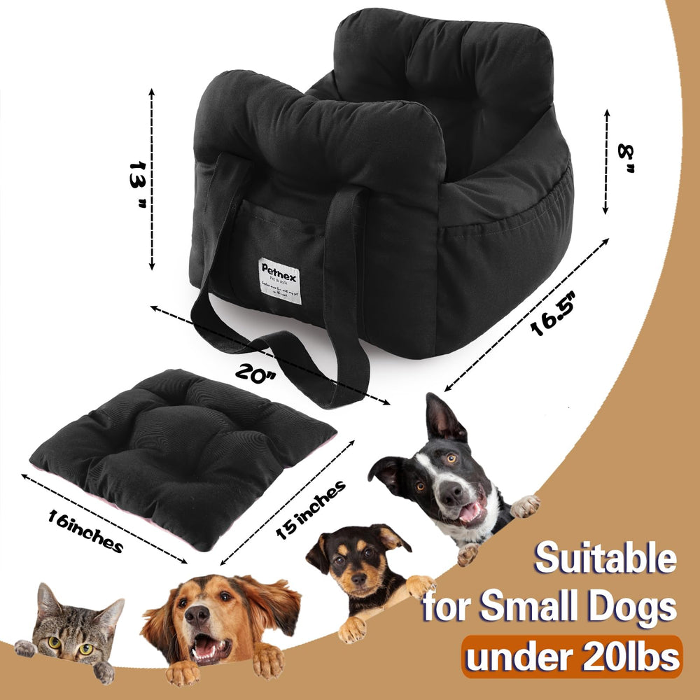 Petnex dog car seat pocket storage close-up shows large side pockets.