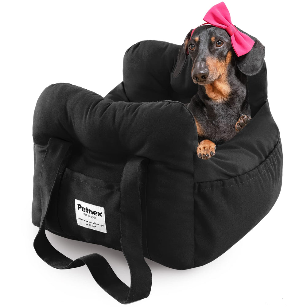 Petnex dog car seat front view shows secure fit for small dogs on trips.