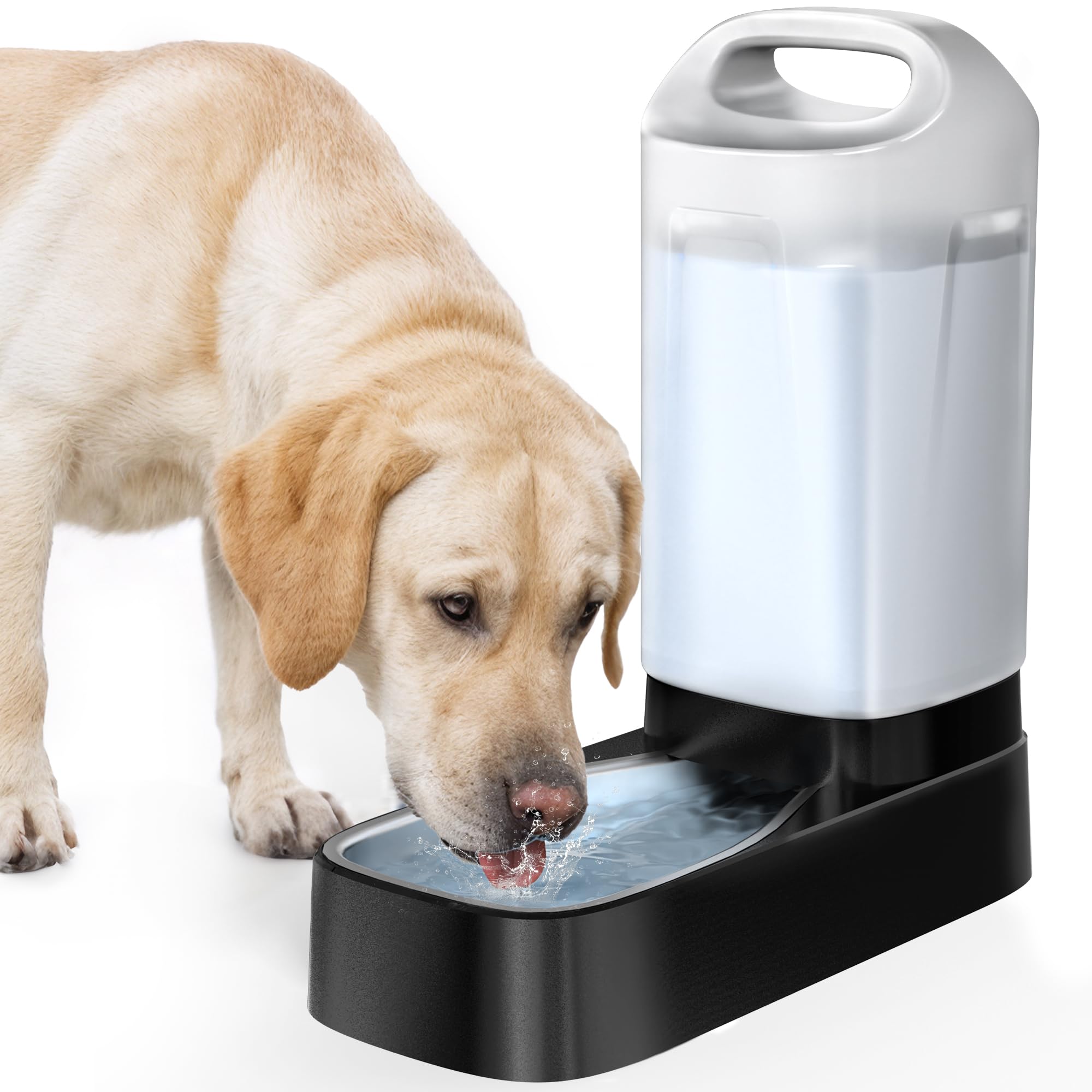 PETNF automatic dog water dispenser shows 2.4 gallon tank for steady multi-pet hydration