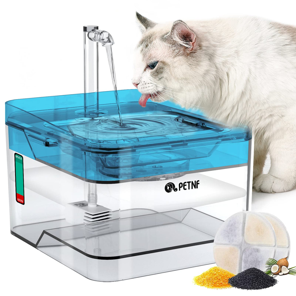 PETNF Blue Water Fountain pump provides quiet hydration for pets