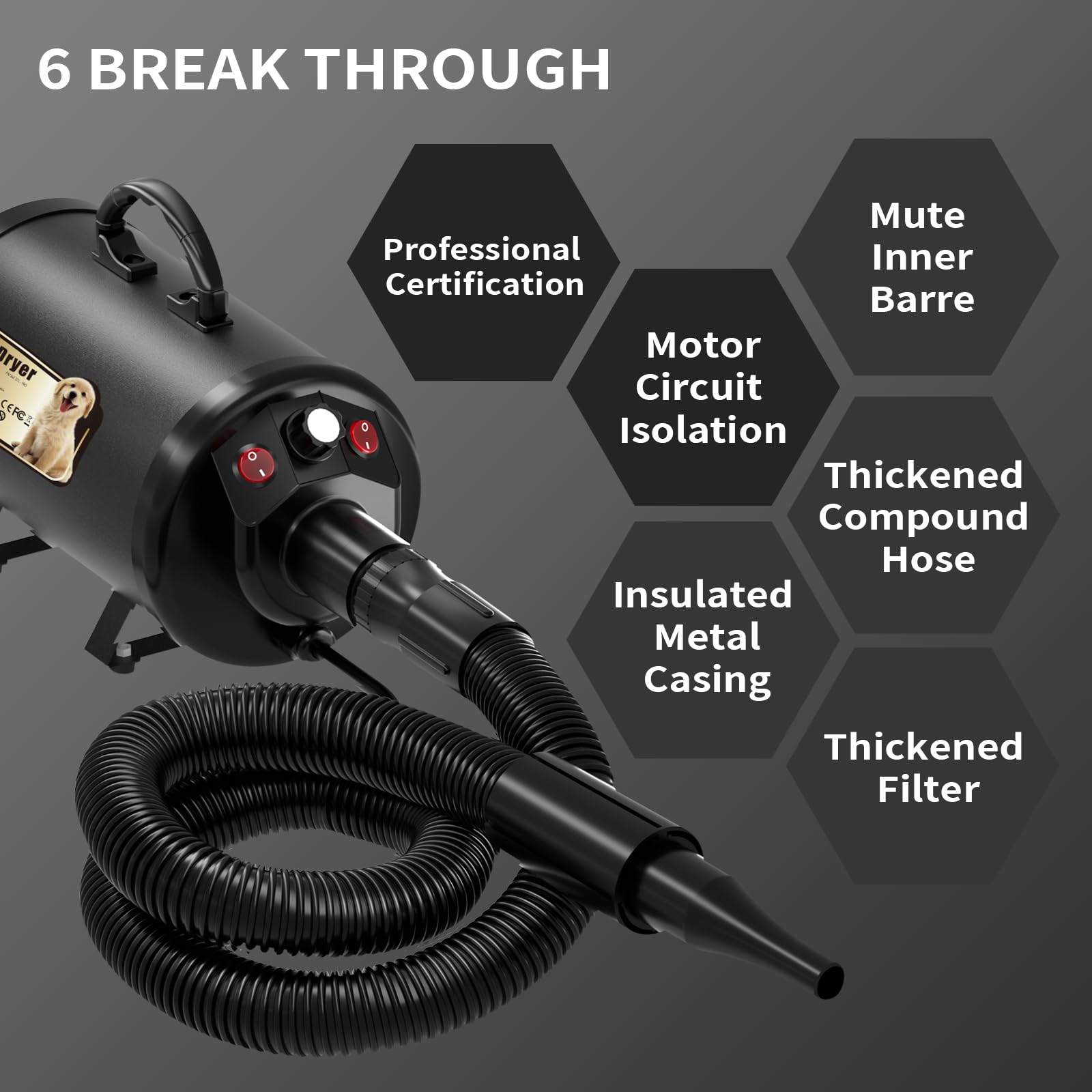 PETNF dog dryer 73-inch-hose offers extended reach for fidgety pets.