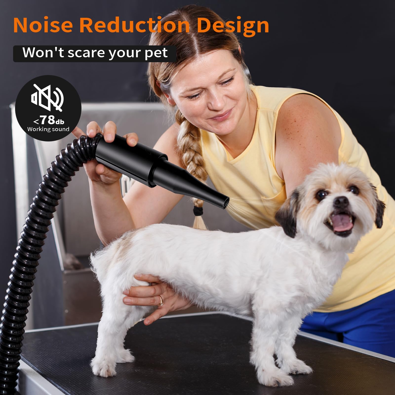 PETNF dog dryer adjustable-speed-temp shows flexible settings for different fur types.