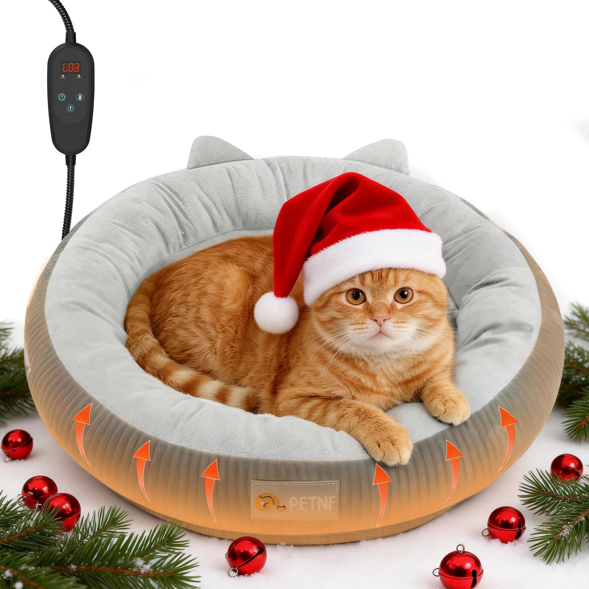 PETNF heated cat bed control panel showing adjustable temperature for personalized warmth.