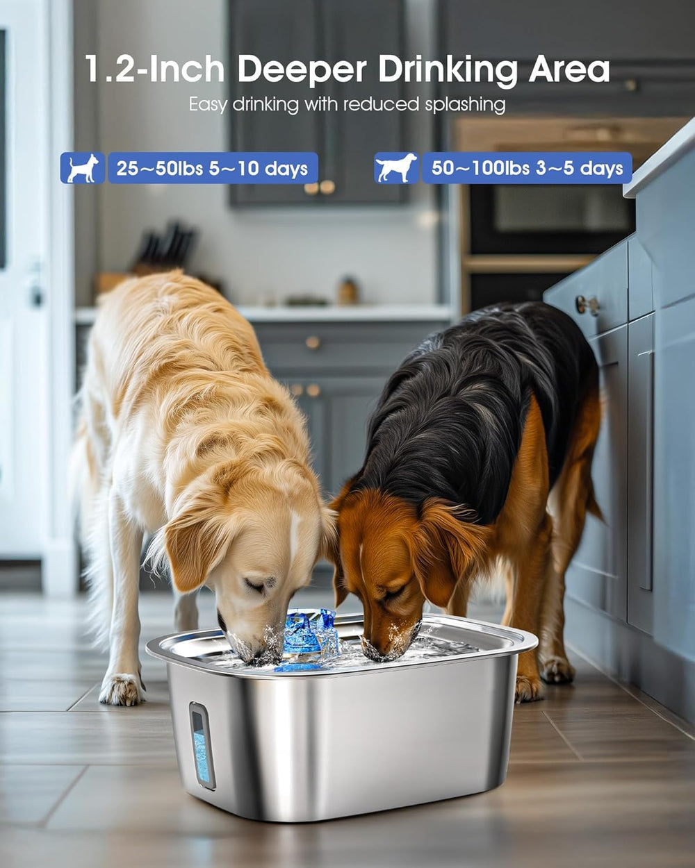 PETNF SUS304 stainless steel dog water fountain emphasizes durable, BPA-free construction and cooler water.