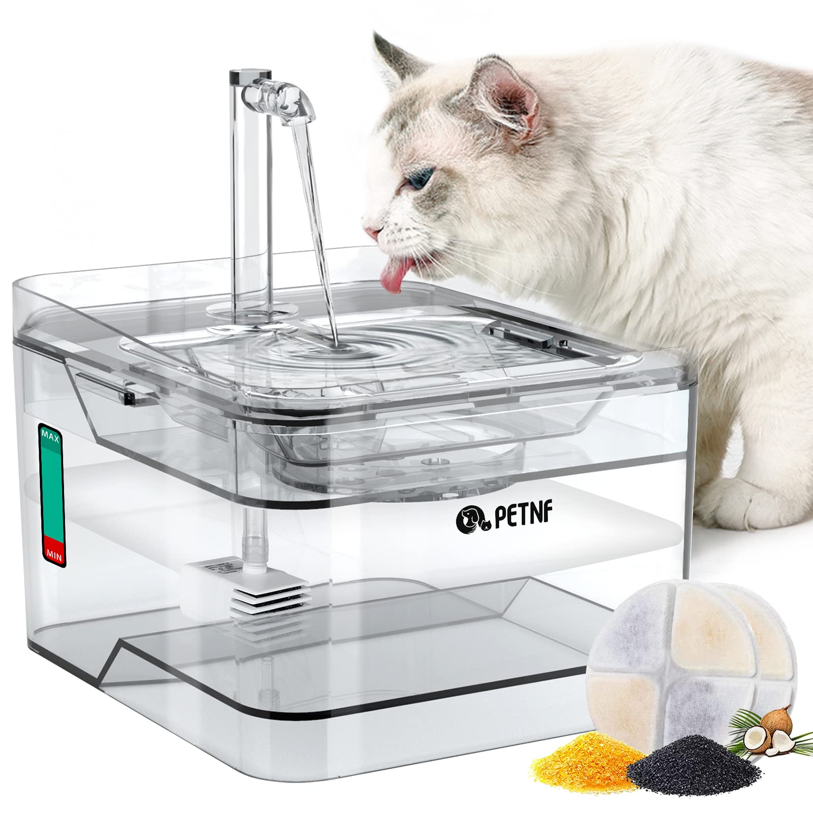 PETNF transparent water fountain shows 3L capacity for multi-pet households