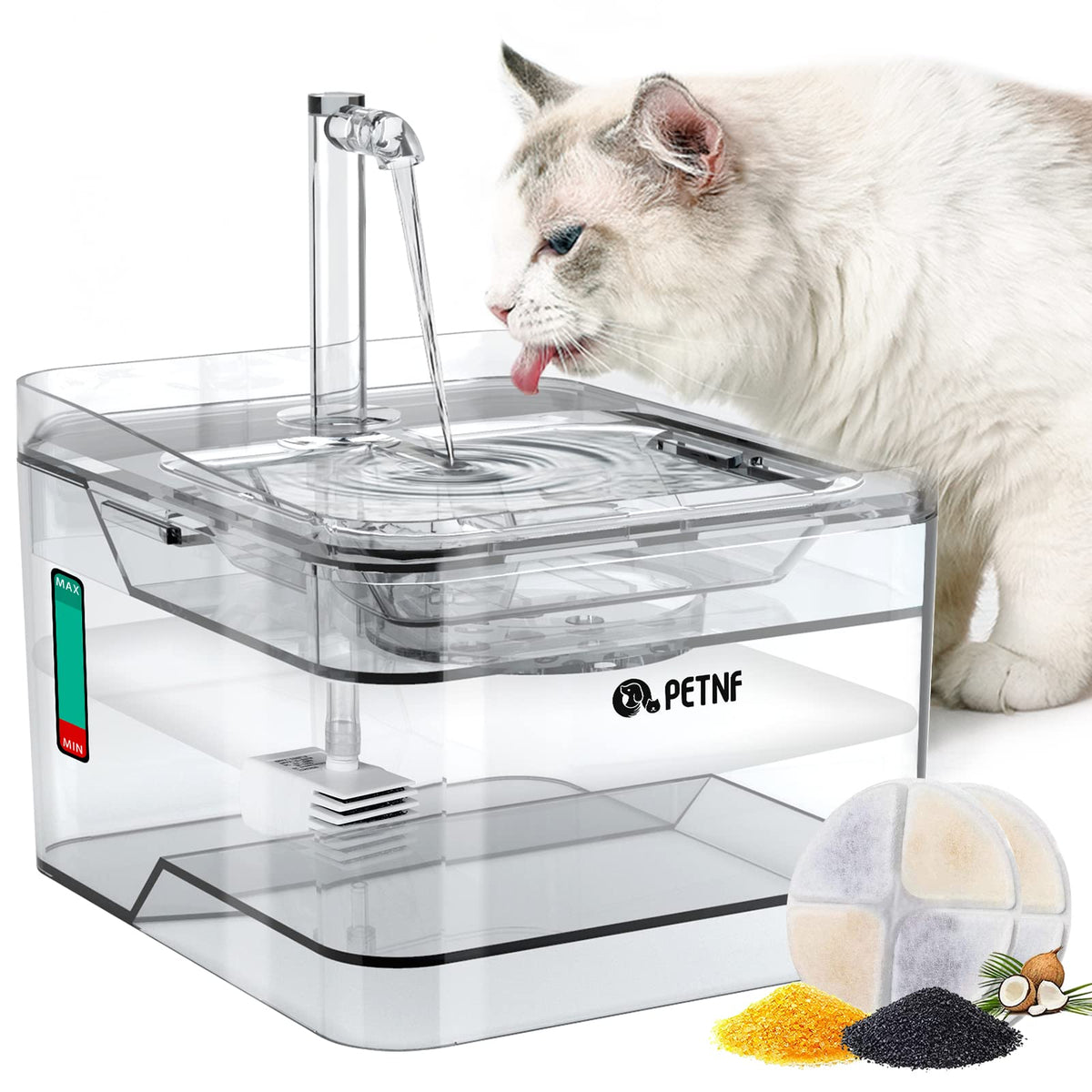 PETNF transparent water fountain shows 3L capacity for multi-pet households