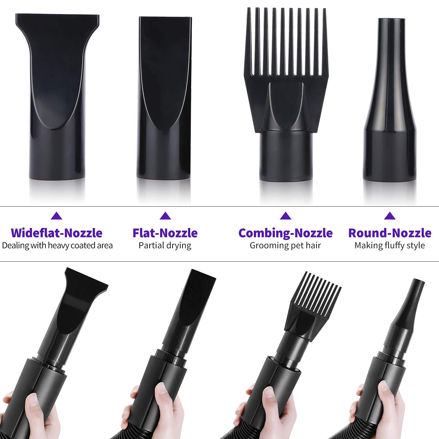 PETNF Upgraded Dog Dryer Blower accessories kit shows hose, nozzles, and clip for versatile grooming setup