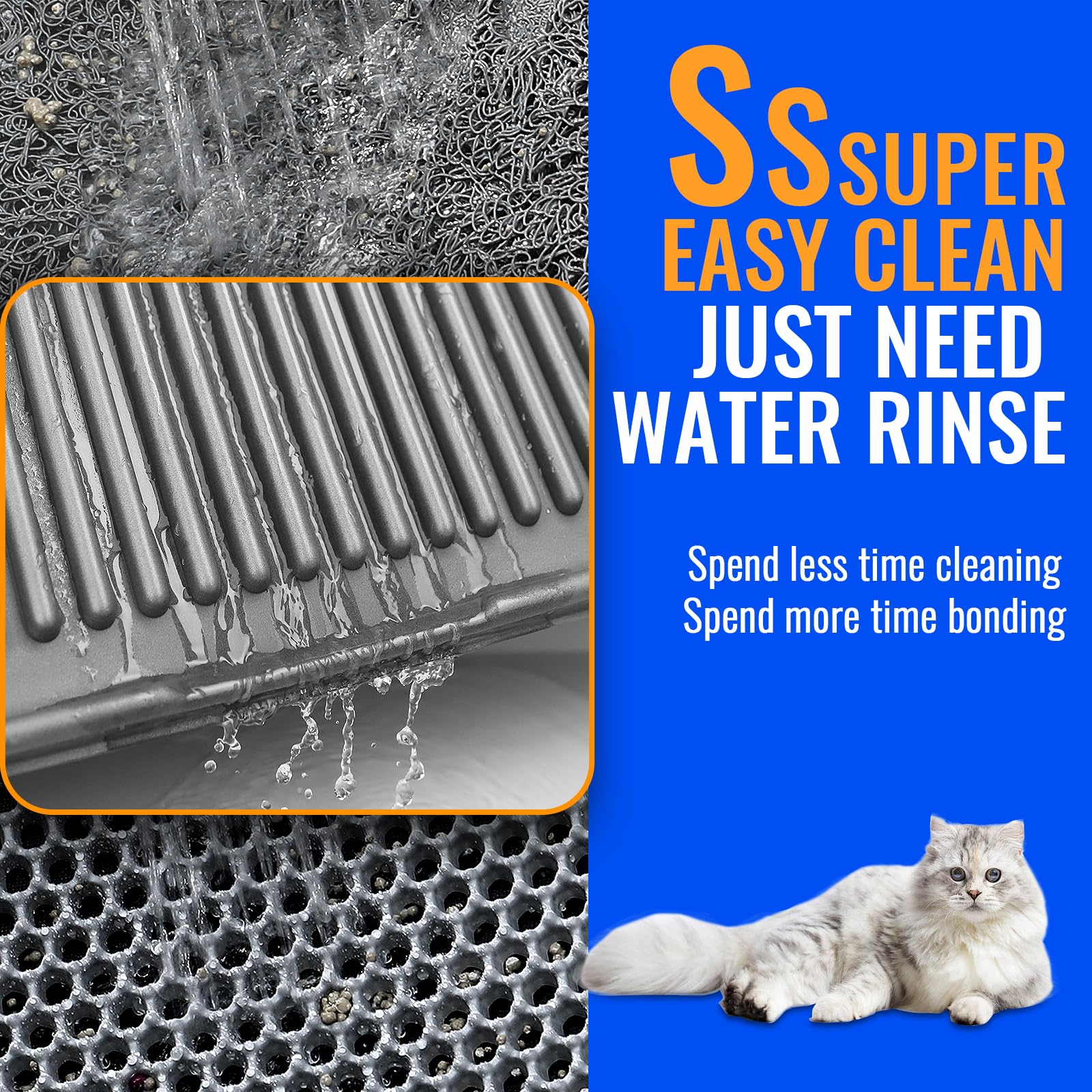 PetNova Easy Clean Litter Mat raised edges keep litter contained and prevent leaks.