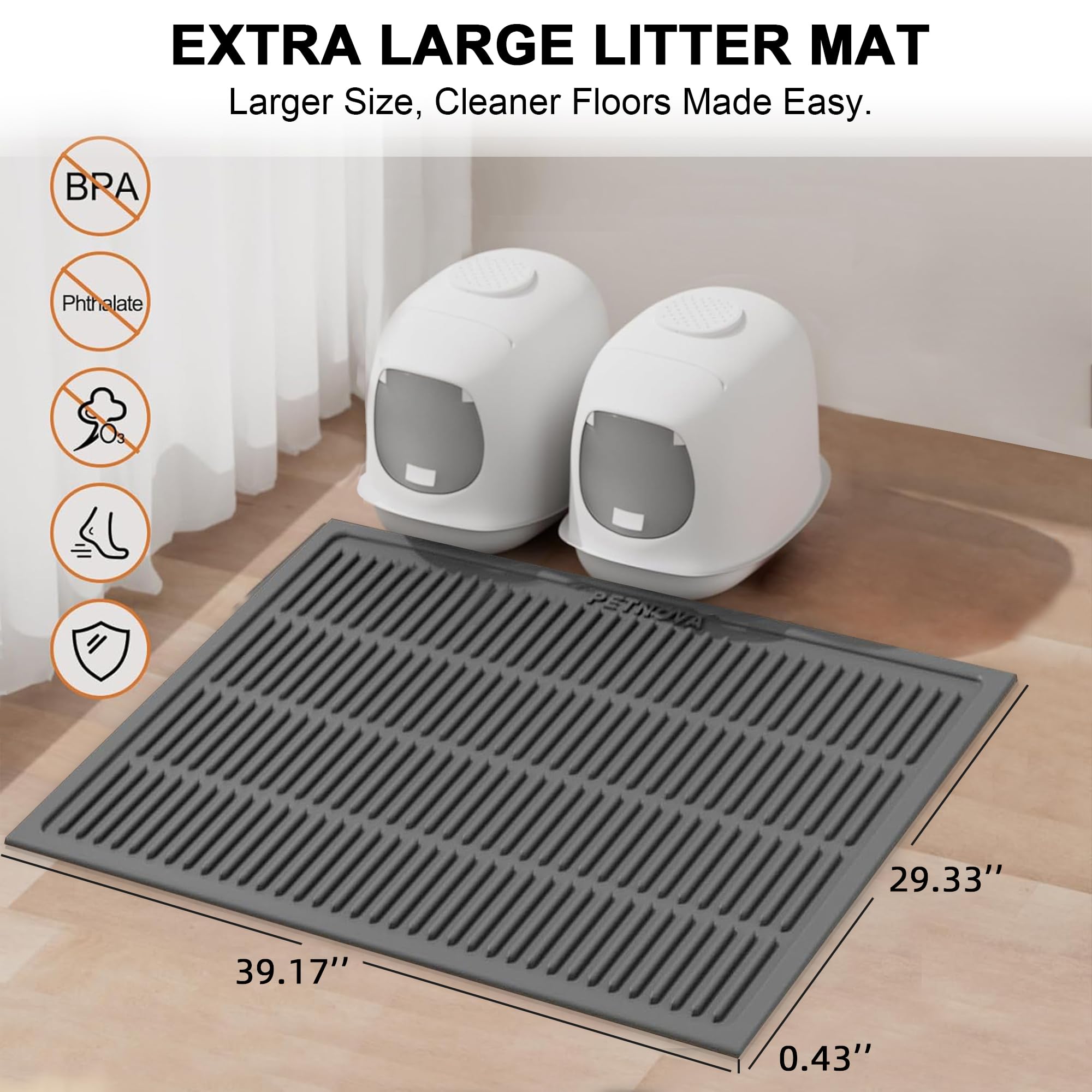 PetNova large mat supports multi-cat setups and big litter boxes.