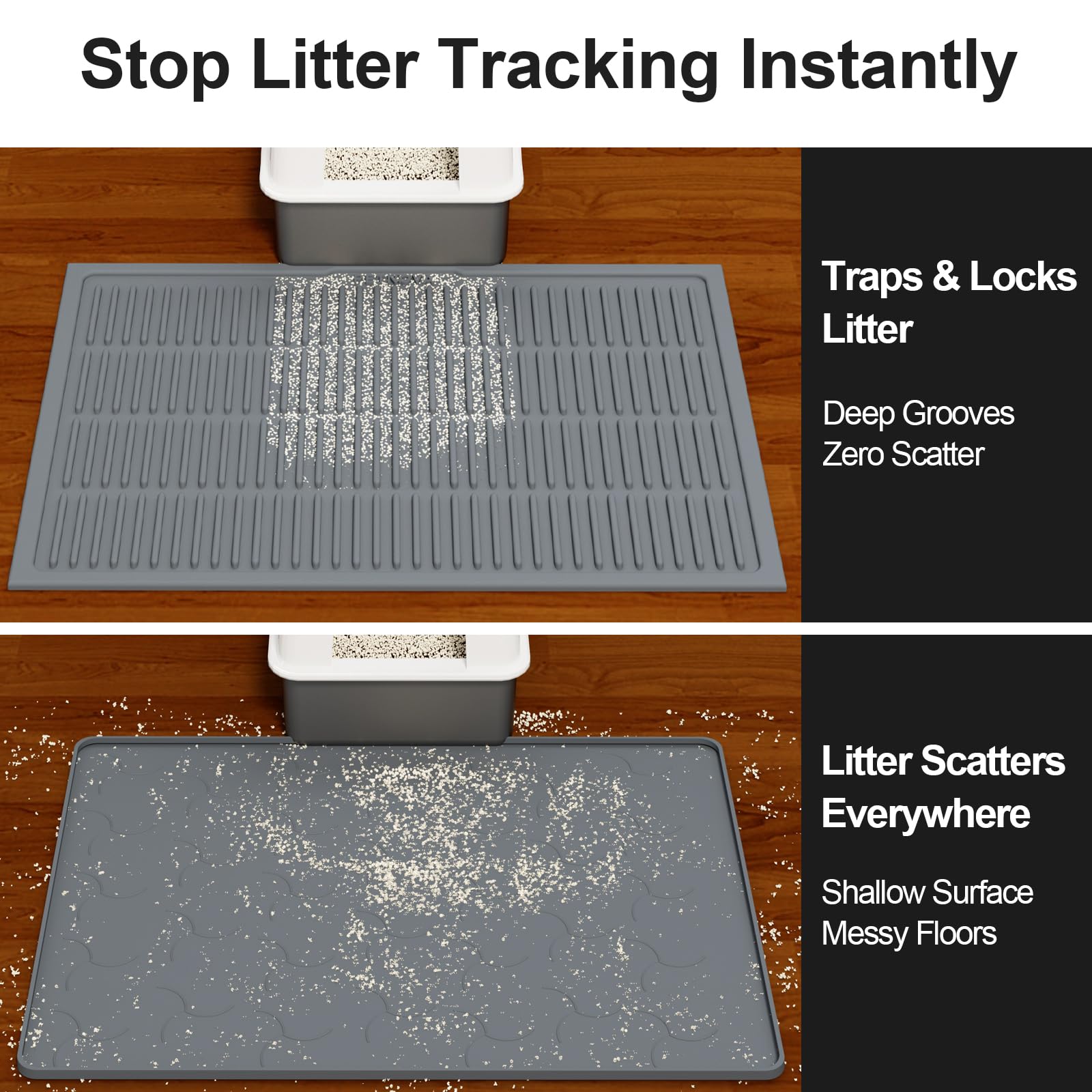 PetNova 3D-structure silicone mat locks litter in place after paw contact.