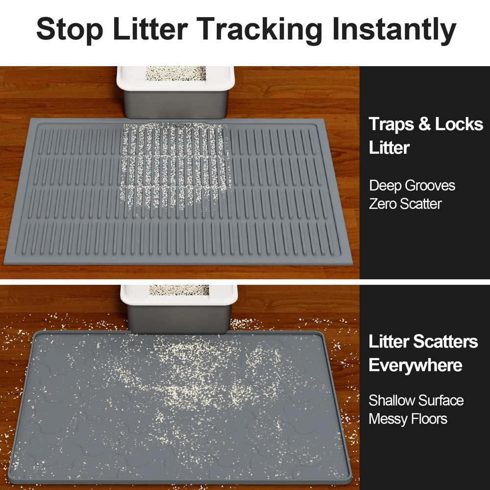PetNova 3D-structure silicone mat locks litter in place after paw contact.