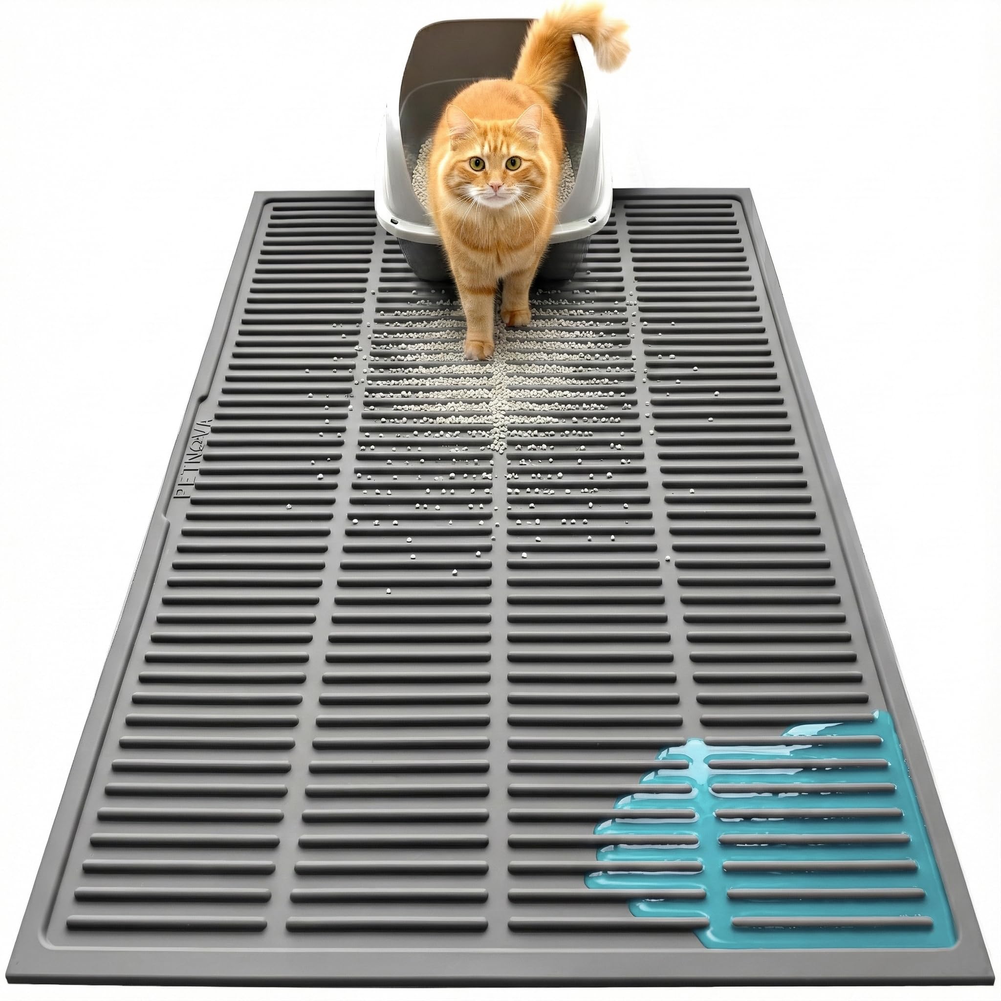 PetNova silicone cat litter mat with deep grooves for superior litter trapping and easy cleaning.