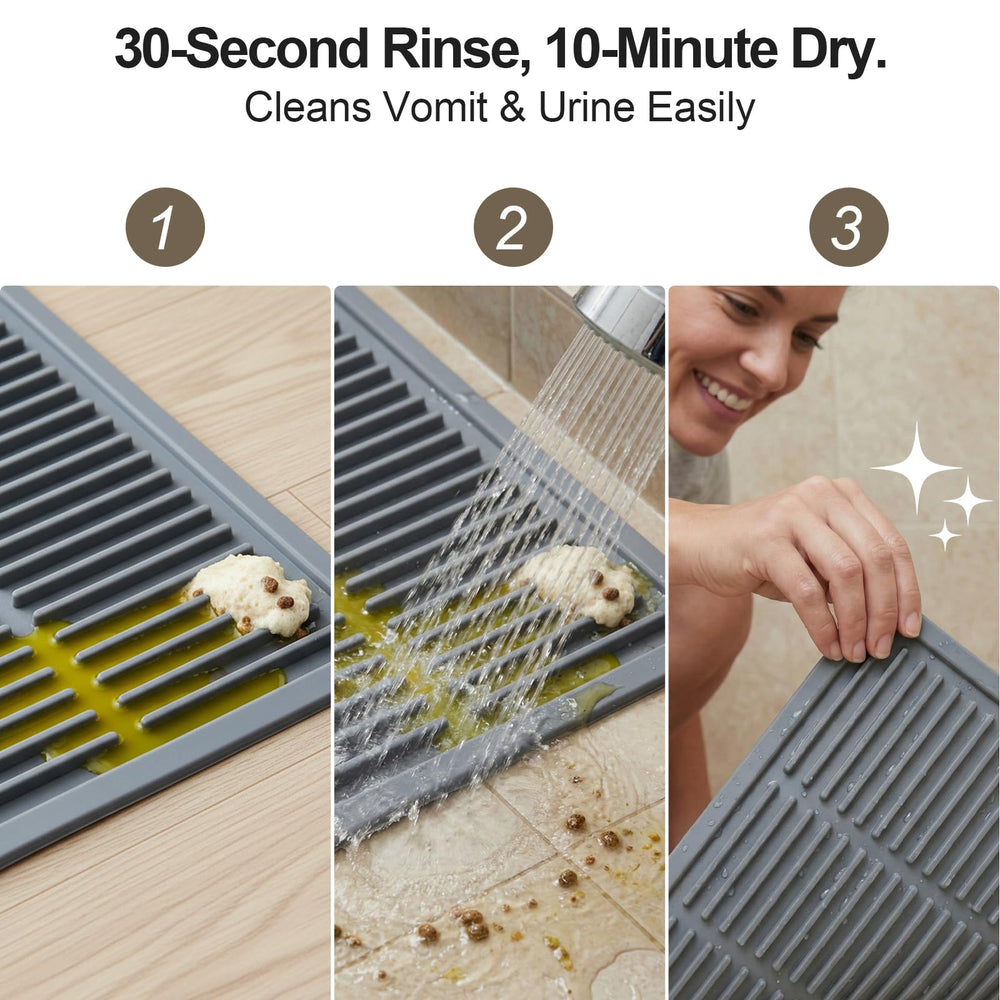 PetNova waterproof silicone mat dries quickly and resists odors after spills.