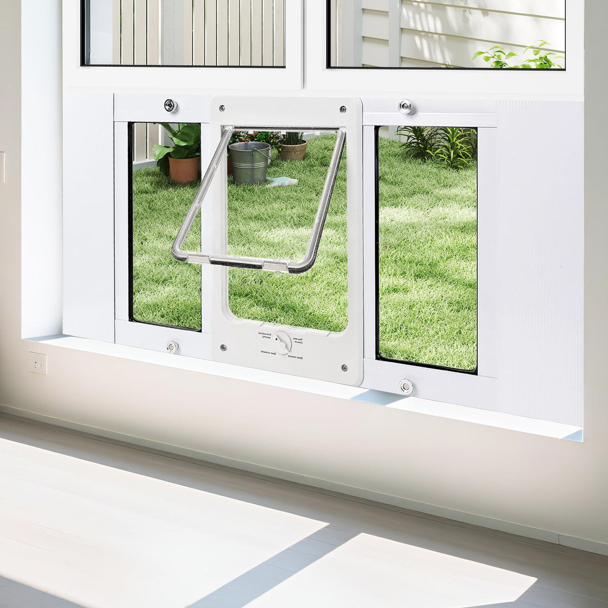 Petoasis full-size window pet door installed for easy pet access and home comfort.