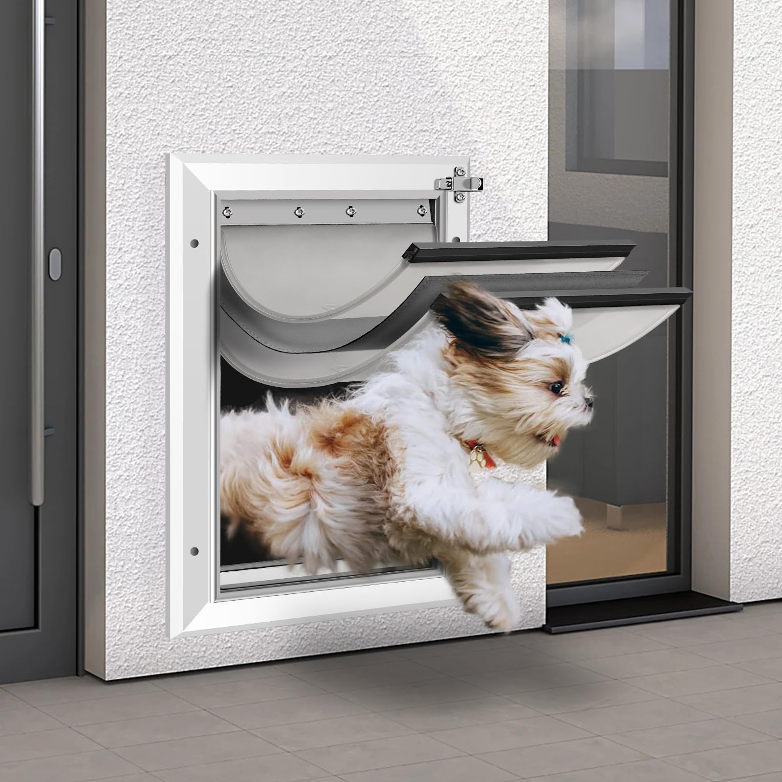 Petoasis triple-flap weatherproof close-up shows draft resistance for year-round comfort.