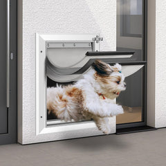 Petoasis triple-flap weatherproof close-up shows draft resistance for year-round comfort.