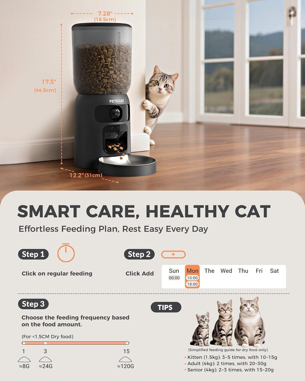 PETOCAT AI Feeder with 2K night vision for clear footage day and night