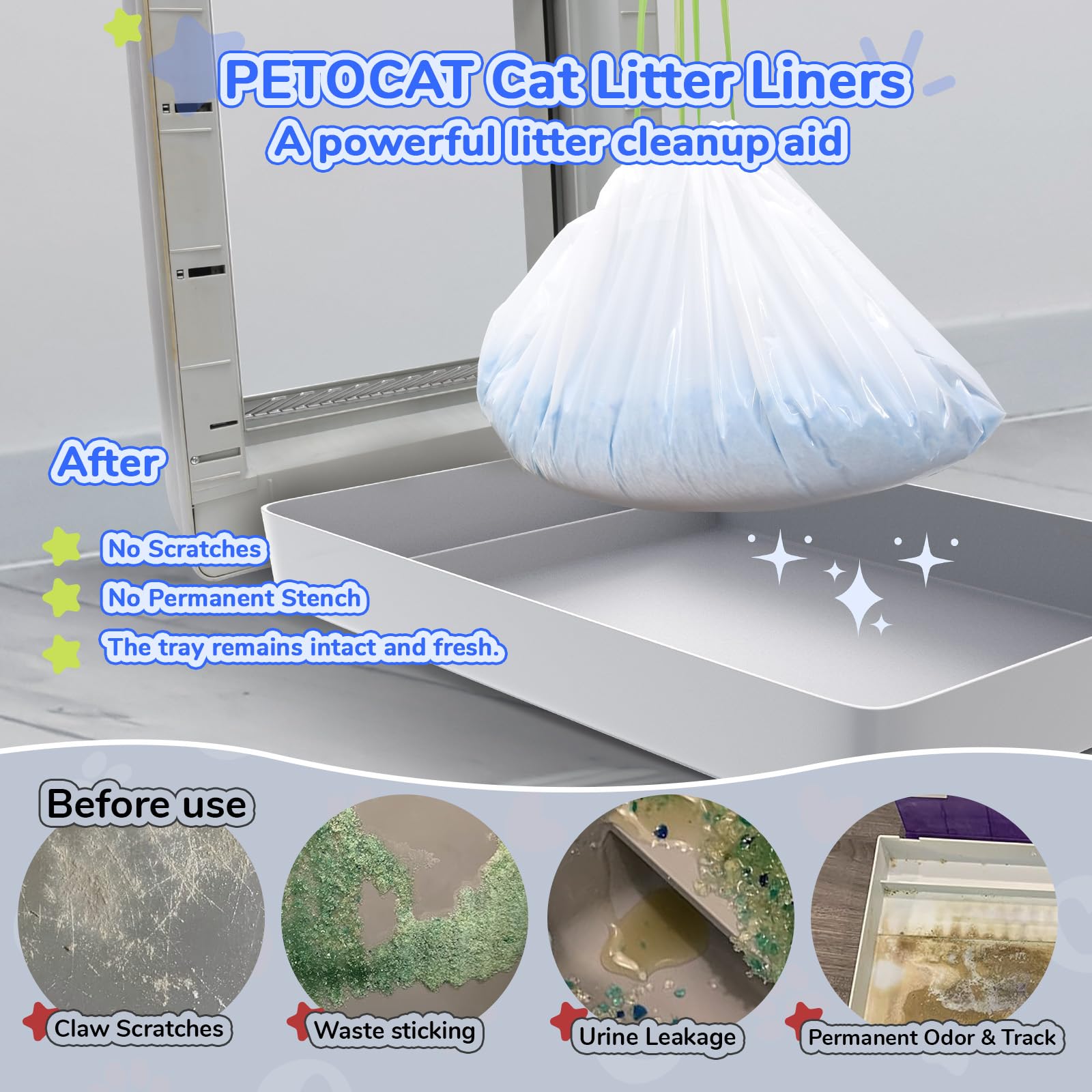 PETOCAT liner top with built-in drawstring for quick closure and hygienic handling.