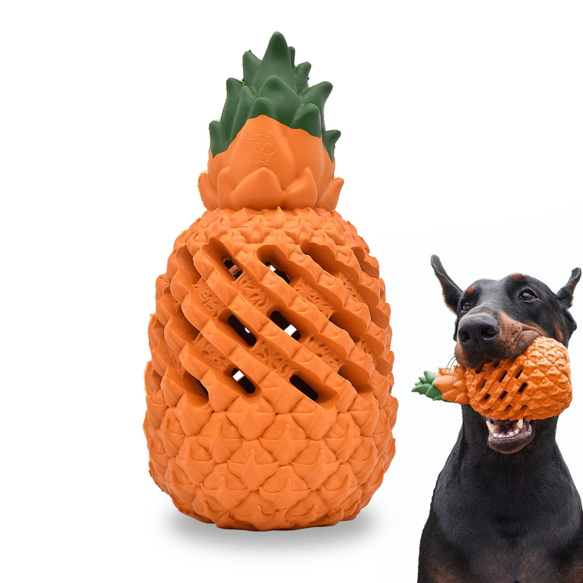 PETOPIA Pineapple Dog Chew Toy close-up shows durable rubber for tough chewers.